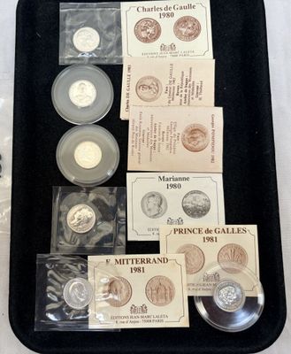 un plateau posé sur une table, contenant des pièces de monnaie et d'autres objets