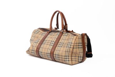Sac de voyage à carreaux Burberl avec poignées en cuir marron