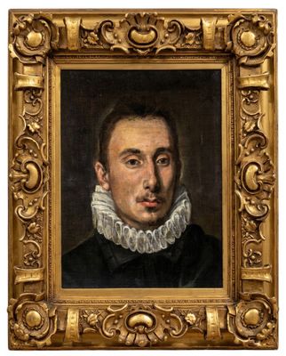 portrait of a man in a black dress with a white ruffled collar