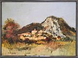 une peinture à l'huile représentant une montagne avec une maison au premier plan