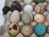 many different colored eggs in a carton on the table