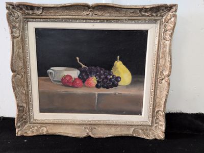 a picture of a painting of fruit and a bowl on a table