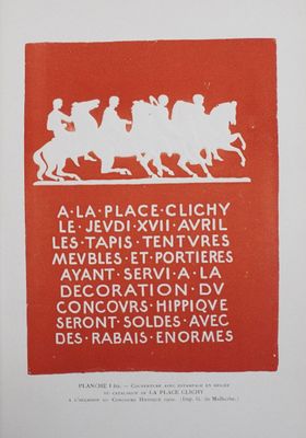 une image représentant une affiche rouge et blanche sur laquelle figurent des personnes à cheval