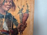 a painting of a woman holding a carrot in her hand
