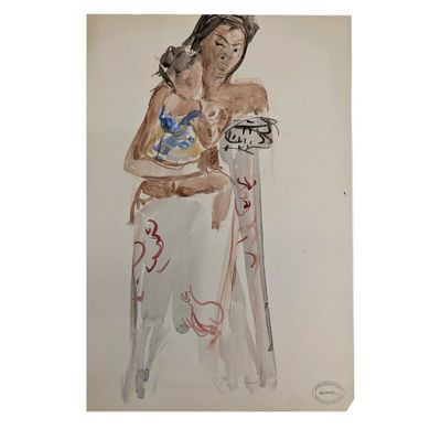 un tableau représentant une femme assise sur un tabouret avec un chien