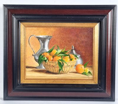 painting of oranges in a basket with a silver pitcher