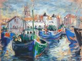 painting of boats docked in a harbor with buildings in the background