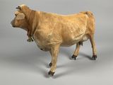 a brown cow that is standing on a gray surface