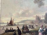 a painting of people on the beach with boats in the background