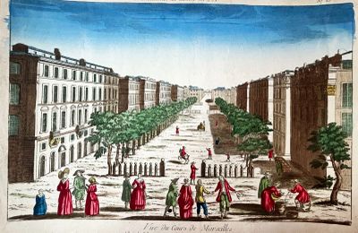 drawing of a view of a city street with people walking on the sidewalk