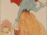 illustration représentant une femme accompagnée d'un enfant, tenant un parapluie et un seau