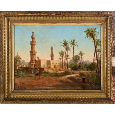 un tableau représentant une vue de ville avec une tour et des palmiers