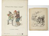 an old book with a drawing of a man and a woman in a carriage