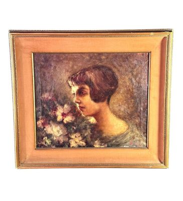 une image d'une peinture représentant une femme avec des fleurs dans les cheveux