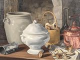 a painting of a still life with various items on a table