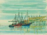 a painting of a boat in the water with a building in the background