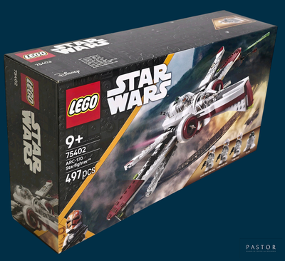 une boîte contenant des sets Lego Star Wars sur fond bleu