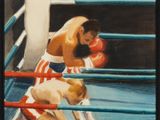 tableau représentant un boxeur et son chien sur un ring de boxe