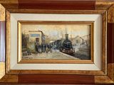 une photo d'un tableau représentant un train qui arrive sur les rails