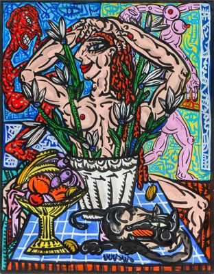 un tableau représentant une femme assise à une table, avec des fleurs dans un vase