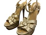 a close up of a pair of gold sandals on a white background