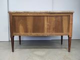an old wooden chest with a marble top and legs