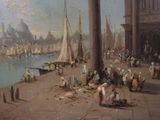 a painting of a harbor scene with boats and people