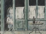 a painting of a woman standing in front of a window