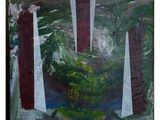 une peinture à l'huile représentant une plante en pot posée sur un rebord de fenêtre