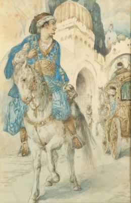 tableau représentant un homme à cheval devant un bâtiment