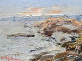 un tableau représentant une personne sur une plage avec une planche de surf