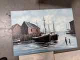 a painting of a boat in the water next to a building