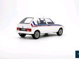 a white car with a red, white and blue stripe on it