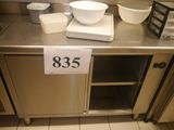 stainless steel counter top with bowls and plates on it and a price tag