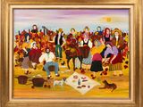 une peinture à l'huile représentant un groupe de personnes dans un champ, en compagnie d'un chien