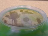 a green vase with flowers in it sitting on a table