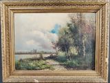 une image d'une peinture représentant un paysage avec des arbres et une rivière