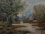 a painting of a house in the middle of a field
