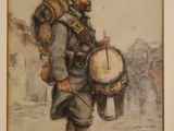 painting of a man with a drum and a backpack on his back