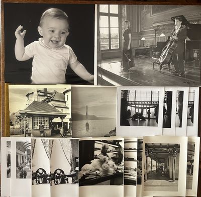 several black and white photographs of a baby in a room