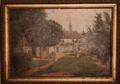 tableau représentant un paysage avec une église au loin et une personne marchant au premier plan