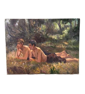 tableau représentant trois hommes nus allongés dans l'herbe, au milieu d'un bois