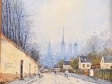 a painting of a street in a town with a church in the background
