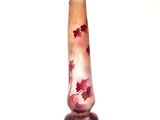 a glass vase with red flowers on it on a white surface