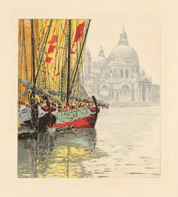 une peinture représentant un bateau sur l'eau, avec un bâtiment en arrière-plan