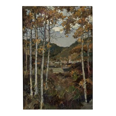 un tableau représentant des arbres et une rivière dans une zone boisée