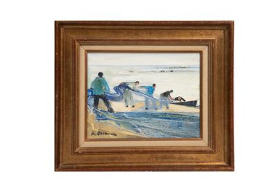 une image d'un tableau représentant un groupe de personnes sur une plage