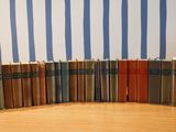 books lined up in a row on a wooden table in front of a striped wall