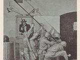 an old black and white photo of a group of men hanging a flag on a pole