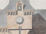 a drawing of a clock tower with a bell on it